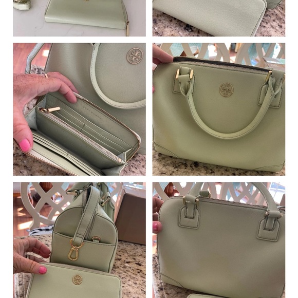 Tory Burch Robinson Bag & Matching Wallet Mint Green Leather - Picture 9 of 9